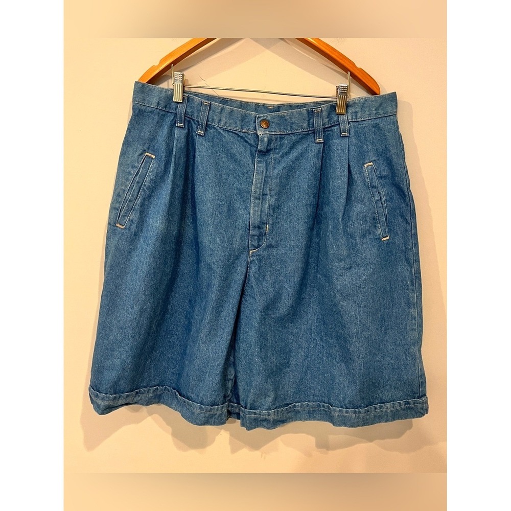 Vintage French Navy Denim Pleated Shorts Retro Blue 20W High Rise Made in USA